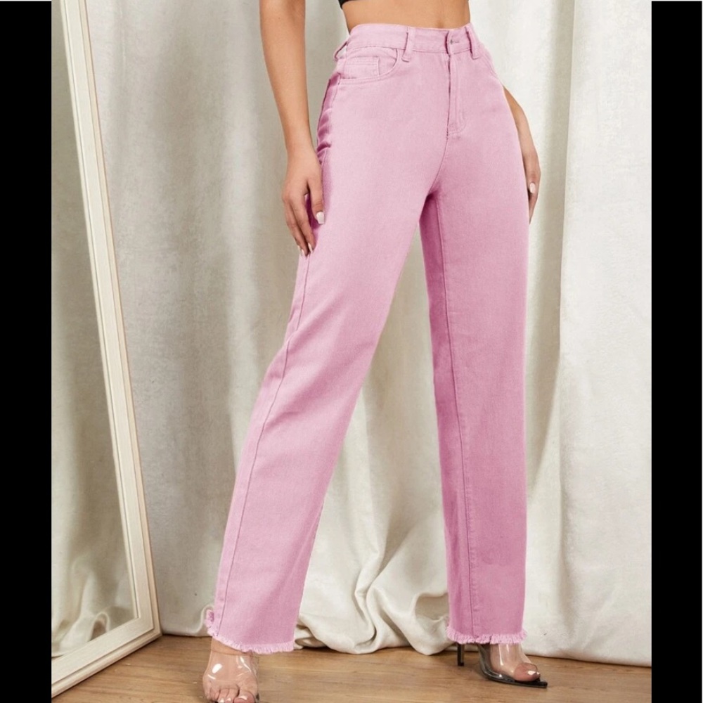High Waist Raw Hem Straight Leg Jeans